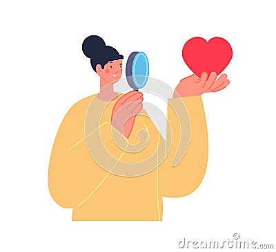 Woman look at heart. Independent girl with magnifying glass. Female power, mistrust and indecision. Romantic love vector Vector Illustration