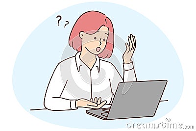 Woman look at laptop screen confused with problem Vector Illustration
