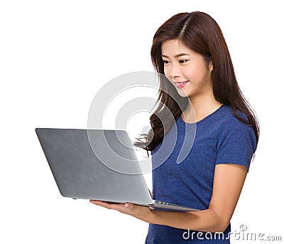 Woman look at portable computer Stock Photo