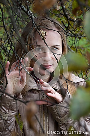 Woman Looking through Autumn Branches Stock Photo