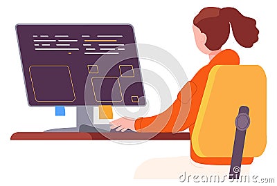 Woman looking on code at computer screen. Programmer working Vector Illustration