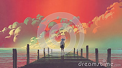 Woman looking at colorful clouds in the sky Cartoon Illustration