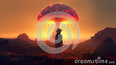 Woman looking on earth and big mushroom, fantasy concept Stock Photo