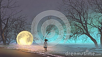 Woman looking at a fallen moon Cartoon Illustration