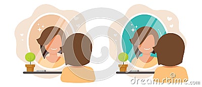 Woman looking in mirror happy self pride smiling and love flat cartoon vector illustration, yang girl person in positive mood, Vector Illustration