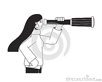 Woman looking at monocular telescope flat line black white vector character Cartoon Illustration