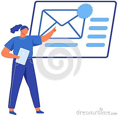 Woman looking at newsletter in digital envelope. Lady receives email, electronic letter via internet Vector Illustration