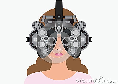 Woman looking through phoropter during eye exam. Vector Illustration