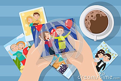 Woman looking photos over a cup of coffee, hands with family pictures vector Illustration element for design and web Vector Illustration