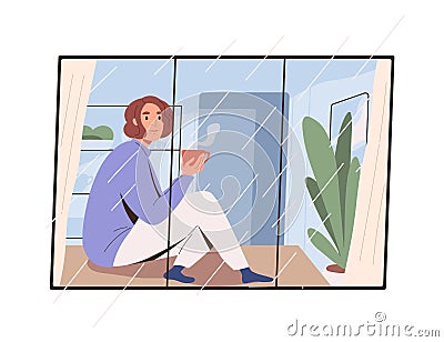 Woman looking at rain outside window. Person sitting with coffee cup on windowsill on rainy weather. Pensive female with Vector Illustration