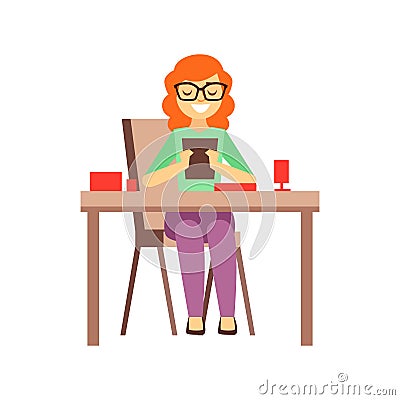 Woman Looking At Screen Of Tablet While Having Lunch, Person Being Online All The Time Obsessed With Gadget Vector Illustration