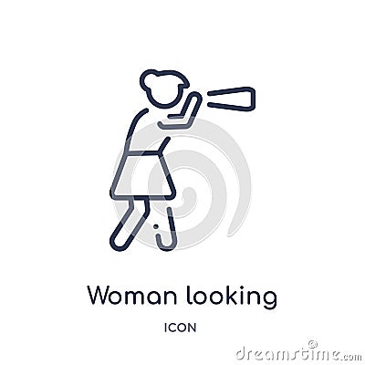 woman looking by a spyglass icon from people outline collection. Thin line woman looking by a spyglass icon isolated on white Vector Illustration