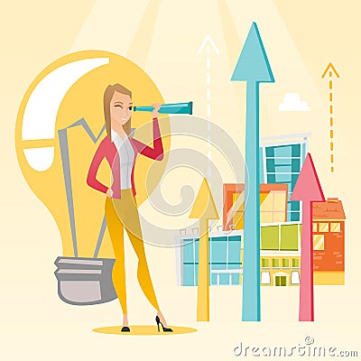 Woman looking through spyglass on raising arrows. Vector Illustration