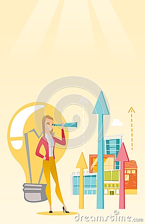 Woman looking through spyglass on raising arrows. Vector Illustration