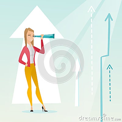 Woman looking through spyglass on raising arrows. Vector Illustration