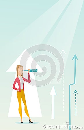 Woman looking through spyglass on raising arrows. Vector Illustration