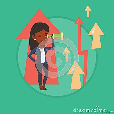 Woman looking through spyglass on raising arrows. Vector Illustration