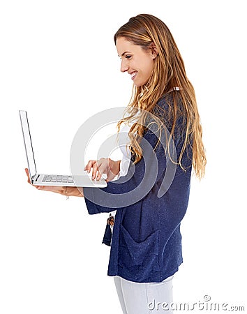 Woman, looking and studio with laptop search for website, social network and connection. Female person, information Stock Photo