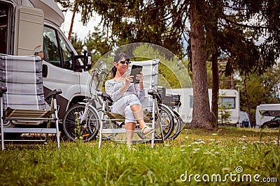 Family vacation travel, holiday trip in motorhome RV Stock Photo