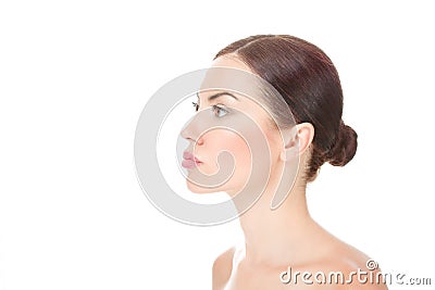 Woman looking to side in profile view showing clean skin fresh face Stock Photo