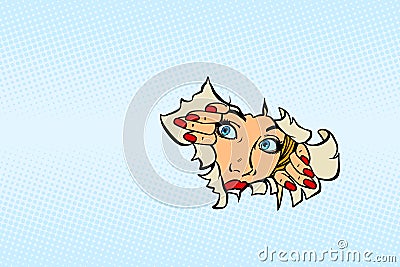 Woman looking through torn paper background Vector Illustration