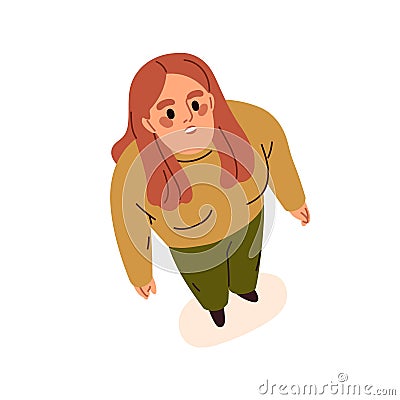 Woman looking up, top down view on amazed shocked surprised face. Female character watching in amazement, standing, head Vector Illustration