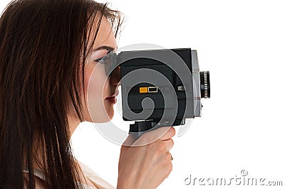 Woman looking at the viewfinder Soviet camera Stock Photo