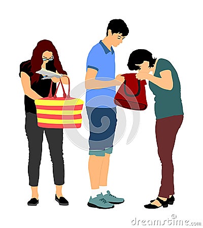 Woman looking for a wallet, keys on bag, vector illustration. Stressful situation on street, loss of money. Tourist lady trouble. Cartoon Illustration