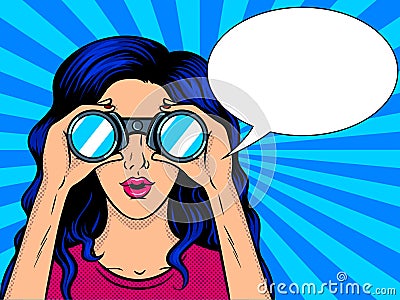 Woman looks through binocular pop art vector Vector Illustration