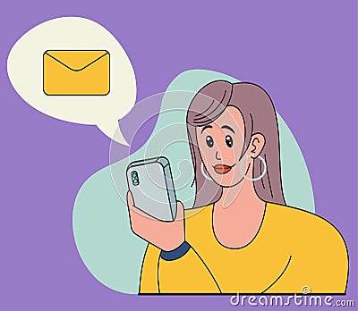 Woman looks into the phone. Girl received a message. Vector illustration Vector Illustration