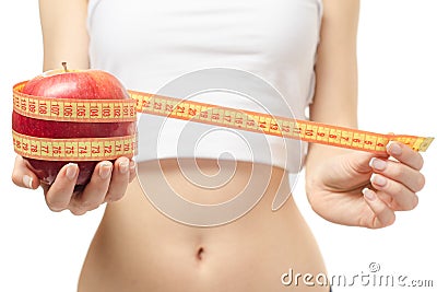 Woman lose weight slimness centimeter apple Stock Photo