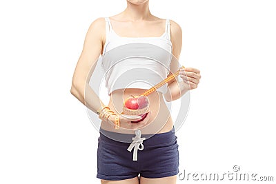 Woman lose weight slimness centimeter apple Stock Photo