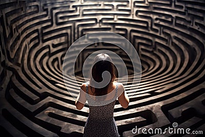 Woman lost in labyrinth. Troubled woman finding way out, Confused mind, problem of searching the way, thinking, finding the maze Stock Photo