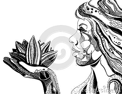 Woman with lotus flower, black ornate pattern Vector Illustration