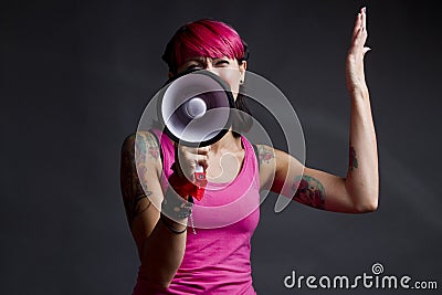 Woman with loudhailer Stock Photo