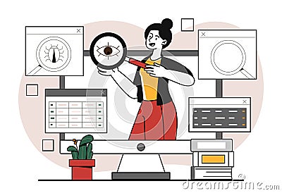 Woman with loupe search virus Vector Illustration