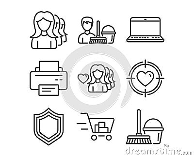 Woman love, Notebook and Printer icons. Shopping cart, Cleaning service and Valentine target signs. Vector Illustration