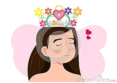 Woman with love symbol key and padlock on her head Means the desire to get a partner. and have positive thoughts. vector Vector Illustration