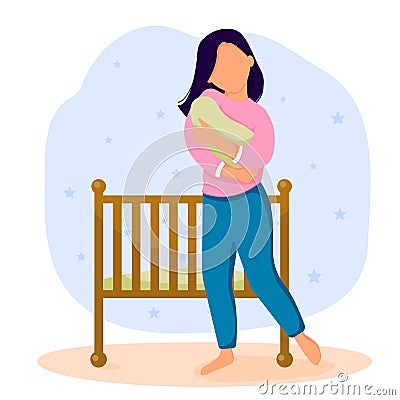Woman lulling newborn baby next to crib. Vector Illustration