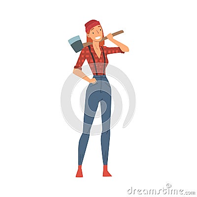 Woman Lumberjack, Female Woodcutter Character in Workwear Standing with Axe Vector Illustration on White Background Vector Illustration