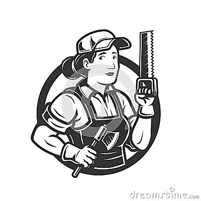 Woman lumberjack mascot hold the axe and saw Vector Illustration