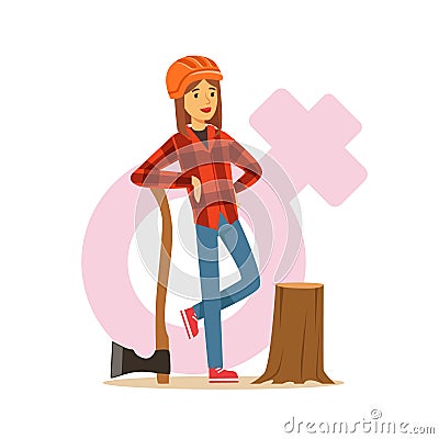 Woman lumberjack in workwear and hard hat standing near stump with axe, female taking on traditional male role colorful Vector Illustration