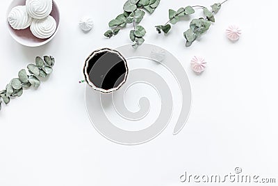 Woman lunch with marsh-mallow, coffee and flowers soft light on white table background flat lay mock up Stock Photo