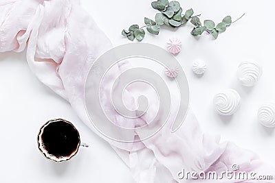 Woman lunch with marsh-mallow and flowers soft light on white table background flat lay Stock Photo