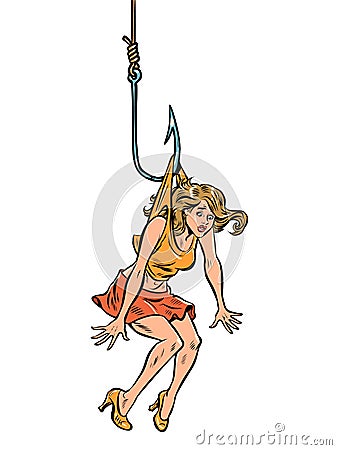 woman Lure trap people on a fishing hook. Dangerous love Vector Illustration