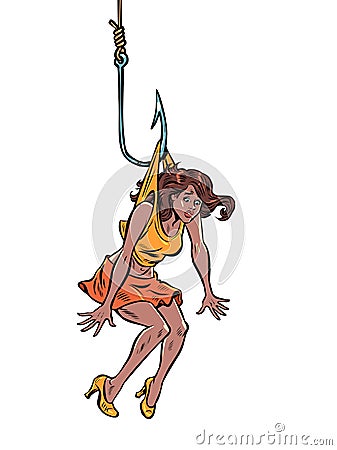 woman Lure trap people on a fishing hook. Dangerous love Vector Illustration