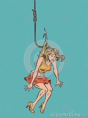 woman Lure trap people on a fishing hook. Dangerous love Cartoon Illustration