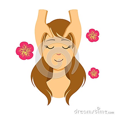 Woman lying on back while massage therapist massaging her face. Colorful cartoon character Vector Illustration