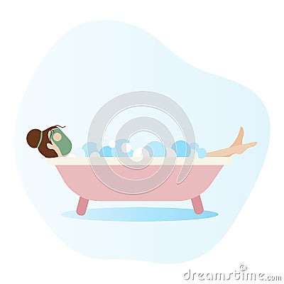 Woman lying in bathtub full of soap foam. Woman taking a bath Cartoon Illustration