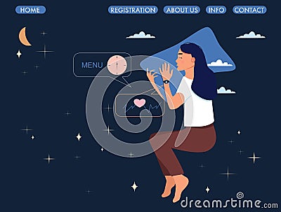 Woman lying in bed on the side with sleeping tracker on her hand.Website page.Device controls quality of dream or slumber Vector Illustration